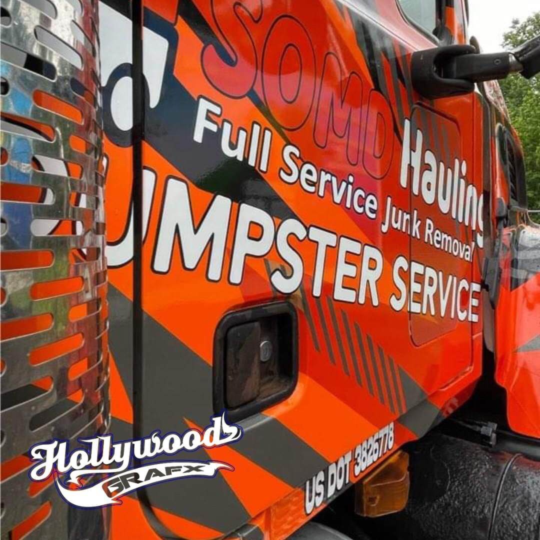 SOMD Hauling dumpster service truck with full service junk removal branding